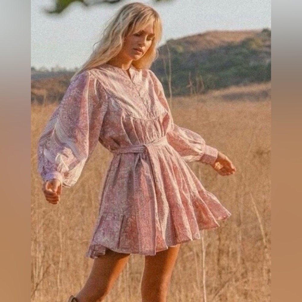 Cleobella Lennox Mini Dress Pink Belted Balloon Sleeve Cottagecore Revolve‎ XS